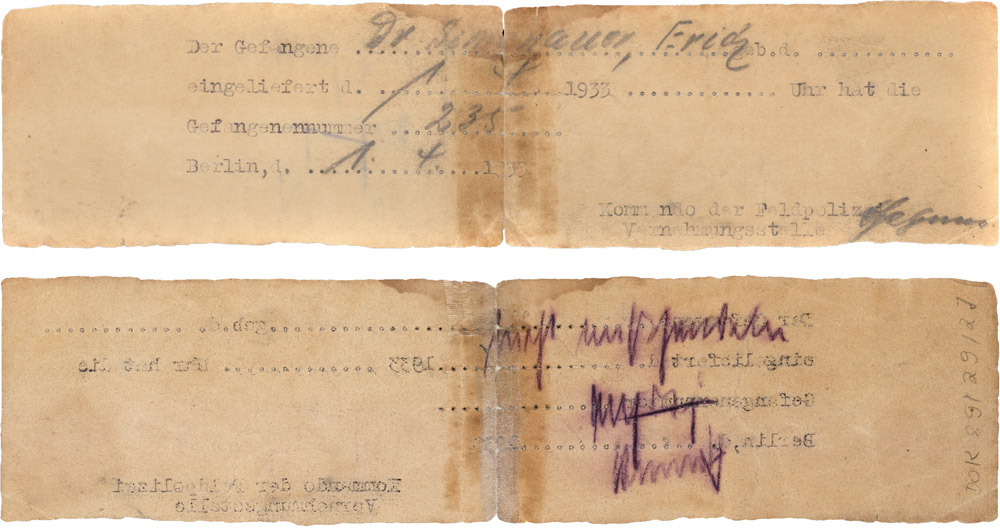 Laufzettel von Erich Simenauer Vorderseite und Rückseite mit der handschriftlichen Notiz »nicht mißhandeln« Jüdisches Museum Berlin